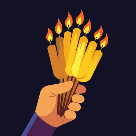 A cartoon hand firmly grasping a bundle of brightly burning yellow candles against a dark background high qualityのイラスト素材
