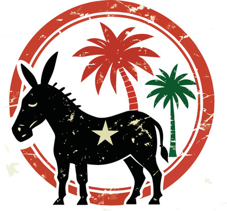 A stylized illustration features a dark donkey silhouette with a star set within a red circular frame with palm treesのイラスト素材