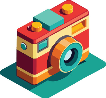 An isometric illustration depicts a vintage style camera with a red body teal accents and golden detailsのイラスト素材