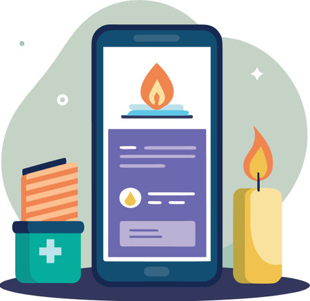 A smartphone displays a meditation app with a flame icon accompanied by physical candles and a first aid kitのイラスト素材