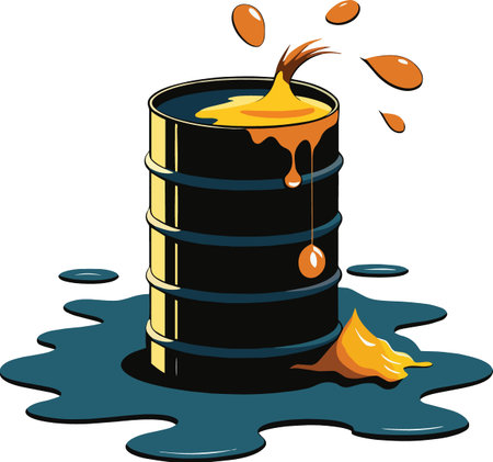 An overflowing black barrel spills a viscous golden yellow liquid onto a blue surface below high quality professionalのイラスト素材