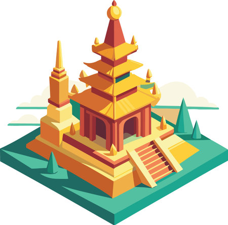 A vibrant stylized illustration depicts a multi tiered golden pagoda structure with surrounding green landscape elements high qualityのイラスト素材