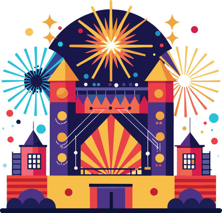 A vibrant stylized illustration depicts a festive carnival scene with fireworks exploding above a colorful building high qualityのイラスト素材