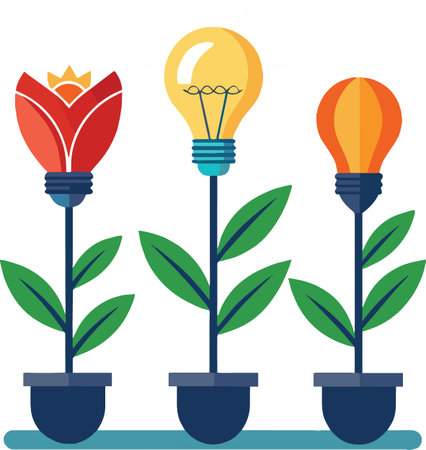 A vibrant illustration depicts three stylized plants a flower a glowing lightbulb and another bulb high quality professionalのイラスト素材