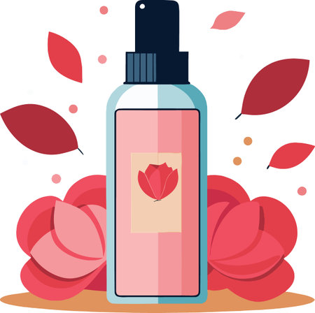 A digital illustration displays a clear spray bottle surrounded by delicate scattered rose petals in shades of pink and redのイラスト素材