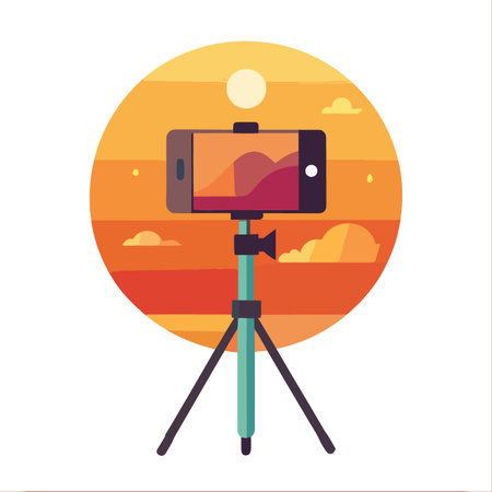 A smartphone mounted on a tripod captures a scenic landscape with a vibrant sunset background symbolizing travelのイラスト素材