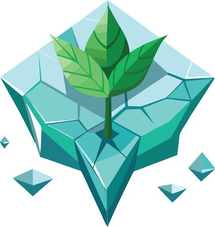 A vibrant green leaf sprouts from a fractured icy geometric shape symbolizing growth and resilience high quality professionalのイラスト素材