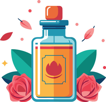 A colorful illustration depicts a glass bottle filled with golden liquid surrounded by roses and leaves high qualityのイラスト素材