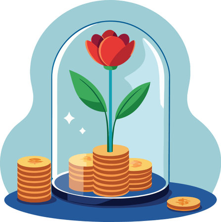 A vibrant red tulip is safely protected within a clear glass dome symbolizing growth and financial securityのイラスト素材