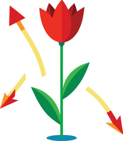 A vibrant stylized illustration features a bright red tulip with green leaves and several directional arrows high qualityのイラスト素材