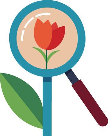 A colorful illustration depicts a red tulip flower being examined closely under a magnifying glass high quality professionalのイラスト素材