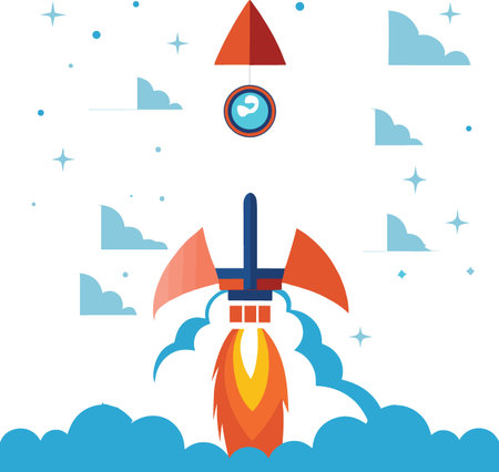 A vibrant illustration depicts a red and blue rocket launching into a starry cloud filled sky high qualityのイラスト素材