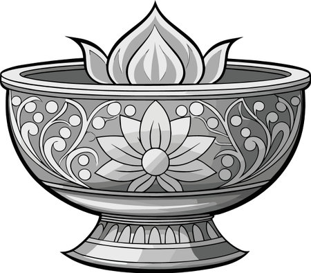 An ornate grayscale depiction of a traditional offering bowl featuring a lotus flower design high quality professional detailedのイラスト素材