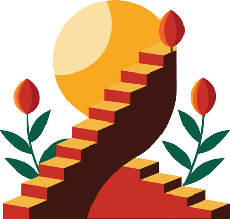 A winding staircase leads towards a bright golden circle accompanied by vibrant red tulip flowers high quality professionalのイラスト素材