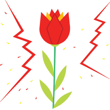 A vibrant red tulip is centrally featured amidst dynamic jagged lightning bolt shapes and scattered confetti high qualityのイラスト素材