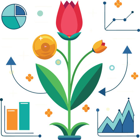 A vibrant red tulip is surrounded by financial charts graphs and icons representing growth and investment high qualityのイラスト素材