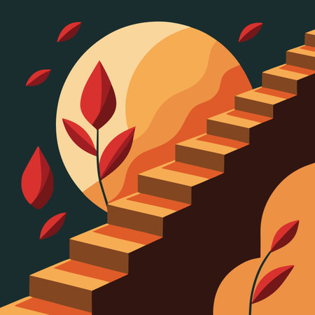 A minimalist illustration depicts a staircase leading towards a large warm toned circular shape resembling a setting sunのイラスト素材