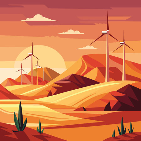 A stylized illustration depicts rolling hills and several wind turbines silhouetted against a warm sunset high quality professionalのイラスト素材