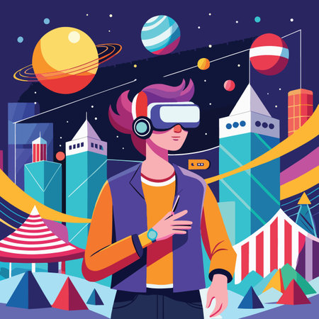A young person wearing a vr headset experiences a vibrant futuristic cityscape with colorful planets...