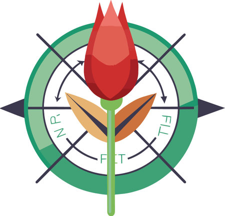 A vibrant red tulip bloom is centered within a circular compass rose design with directional arrows high qualityのイラスト素材