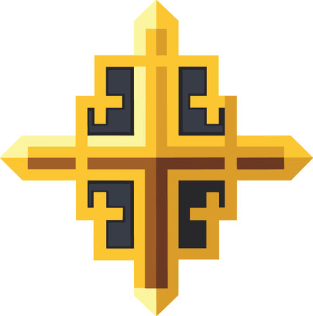 A golden pixelated cross with dark stylized cutouts at the ends of each arm is prominently displayedのイラスト素材