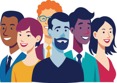 A diverse group of smiling people are digitally illustrated with a flat modern design aesthetic high...