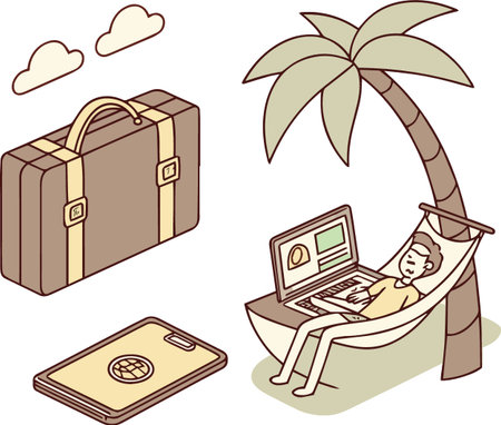 A digital nomad relaxes in a hammock under a palm tree with a suitcase and travel accessories nearbyのイラスト素材