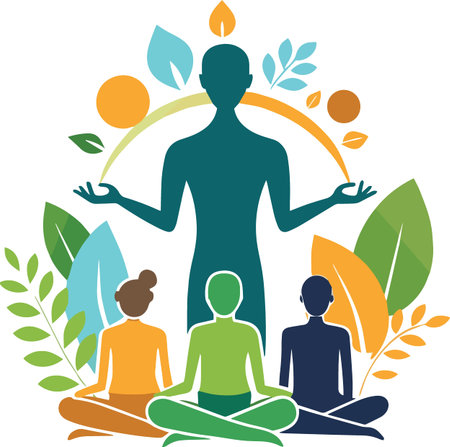 A teal silhouette of a person meditating surrounded by botanical elements and orange sun like shapes high qualityのイラスト素材