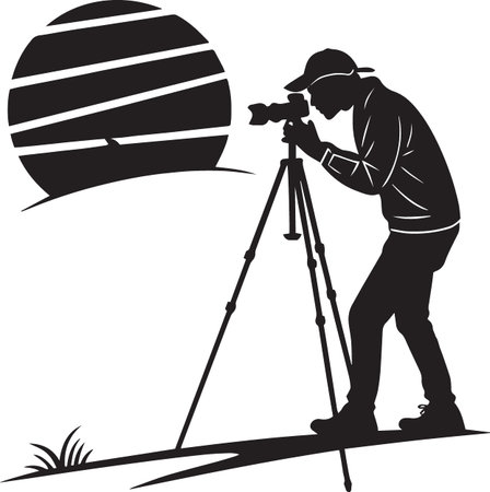 A black and white vector of a photographer taking a picture of a striped sun with a camera on a...