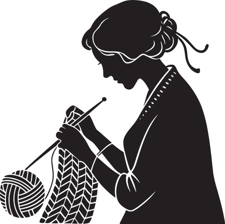 A detailed black and white silhouette of a woman sitting and focused on knitting a patterned garment with a ball of yarn.のイラスト素材