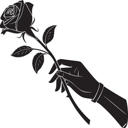 A black and white silhouette of a graceful hand holding a long-stemmed rose with leaves.のイラスト素材