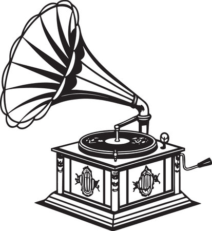 An ornate vintage phonograph with a large horn speaker and wooden base, rendered in black and white vector style.のイラスト素材
