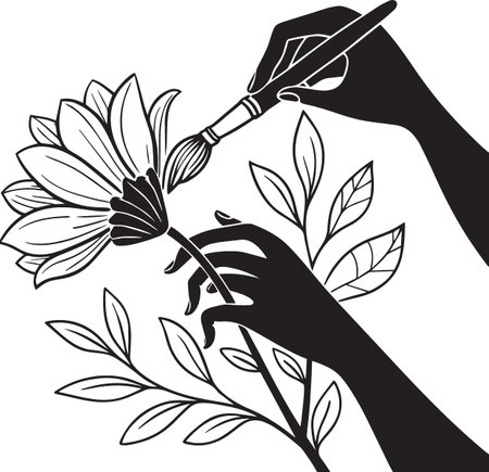 A detailed silhouette of a hand using a paintbrush to color a beautiful daisy-style flower with leaves.のイラスト素材