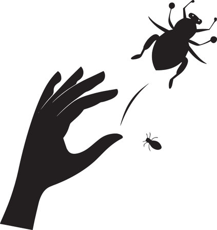 A silhouette showing a hand interacting with a large beetle and a smaller insect, suggesting curiosity or nature study.のイラスト素材