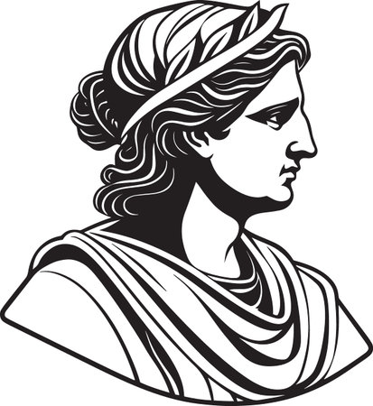 A detailed line art illustration of a classical Greek or Roman woman wearing a laurel wreath.のイラスト素材
