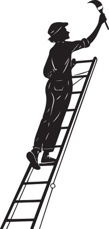 A black and white silhouette of a person standing on a tall ladder using a brush to paint a wall.のイラスト素材