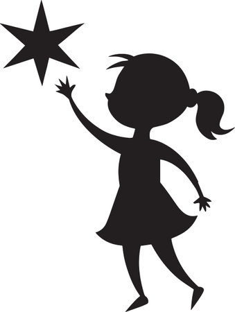 Silhouette of a small girl with a ponytail reaching up toward a large six-pointed star, representing dreams and aspirations.のイラスト素材