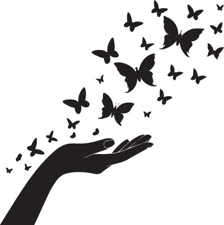 Detailed silhouette of a hand releasing a trail of butterflies upward, symbolizing freedom and transformation.のイラスト素材
