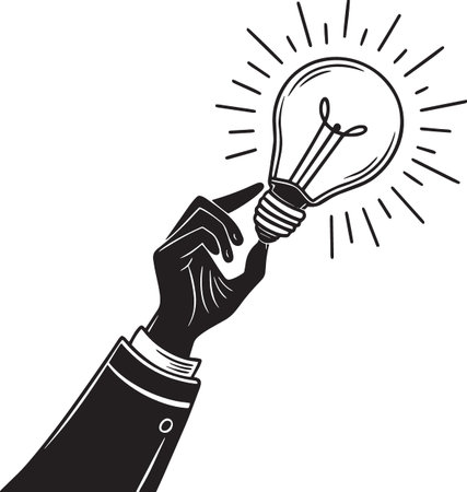 A formal suit sleeve and hand holding a shining light bulb, representing a successful business idea or breakthrough.のイラスト素材
