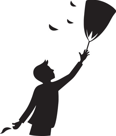 A dynamic silhouette of a person reaching upward toward a flying object resembling a kite or petal.のイラスト素材