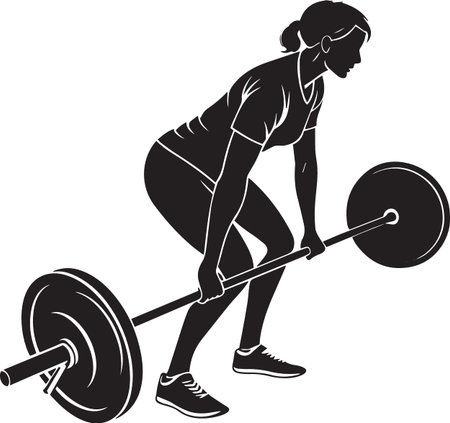 A side-view silhouette of a woman in proper form preparing to lift a heavy barbell from the floor.のイラスト素材