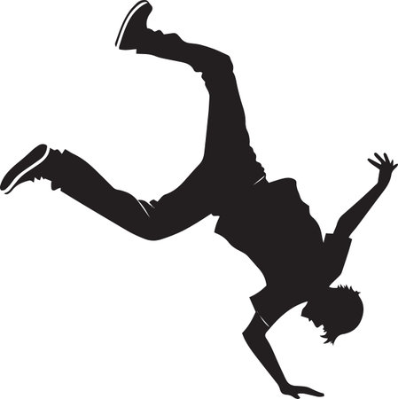 A silhouette of a hip hop dancer performing an inverted breakdance move on his hands.