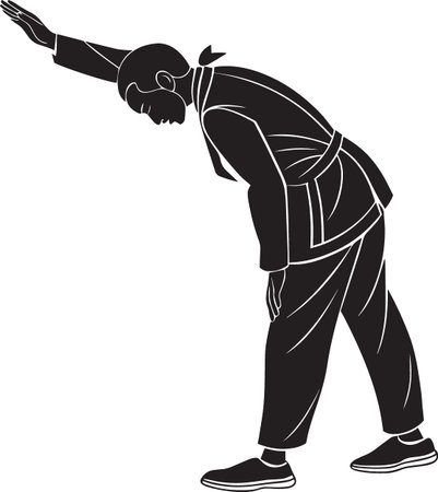 A silhouette of a martial artist in a traditional gi performing a deep bow of respect or beginning a kata.のイラスト素材