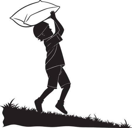 Energetic children playing and jumping with pillows in a modern light-filled bedroom.のイラスト素材