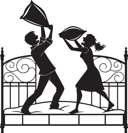 Silhouette of a man and woman playfully fighting with pillows while standing on an ornate metal bed frame.のイラスト素材