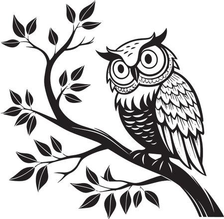Detailed Owl on Branch Vector Illustrationのイラスト素材