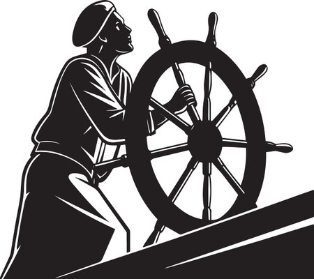 Ship Captain at Wheel Navigating Silhouette Vectorのイラスト素材