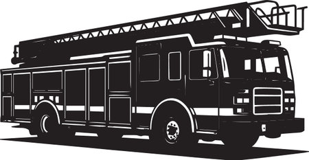 Black vector silhouette of a fire truck emergency vehicle with ladder and details, perfect for...