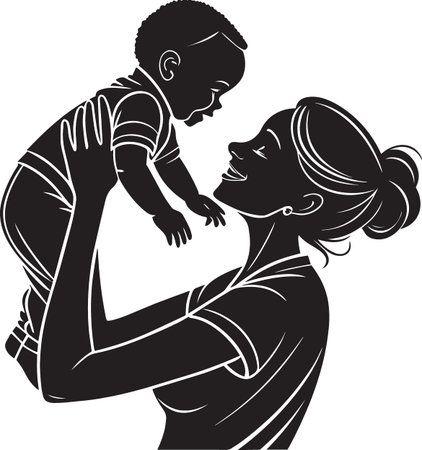 Black and white vector illustration of a father lovingly holding and looking at his baby, perfect for parenting and family designsのイラスト素材