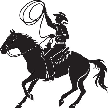 Black vector silhouette of a cowboy riding a horse while swinging a lasso rope overhead, perfect for rodeo and western designsのイラスト素材